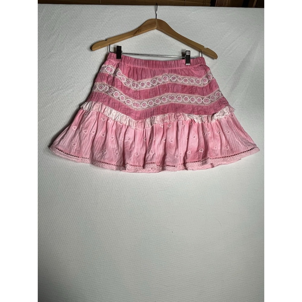 LOVESHACKFANCY Pink Felice Lace Ruffle Embroidered Layered Mini Skirt M